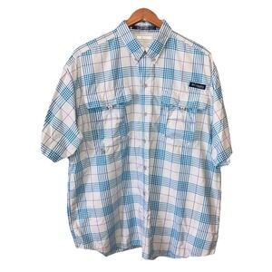 Columbia PFG Men's Fishing S/S Shirt Blue Plaid Vented Super Bahama Large Omni